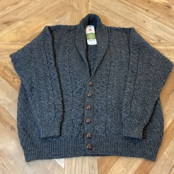 Carraig Donn Irish Wool Fisherman Shawl Collar Aran Knit Cardigan XXL Gray NWT - Picture 1 of 7